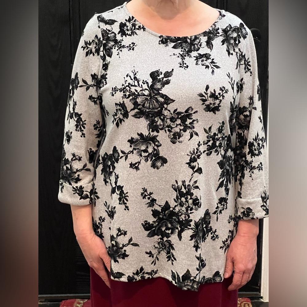 Kim Rogers Black Floral on Gray Blouse